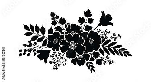 A beautifully arranged bouquet of floral elements is depicted in a striking black silhouette high quality professional detailed