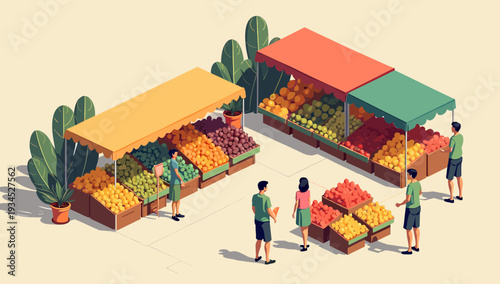 A charming illustration of a fruit stand evokes a sense of freshness and abundance. It’s perfect for conveying themes of healthy eating, local markets