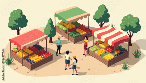 A delightful illustration of a market stall brimming with colorful fruits. Perfect for depicting local businesses, healthy eating, or a vibrant summer