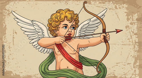 A cute cherub with wings holding a bow and arrow in a vintage style illustration
