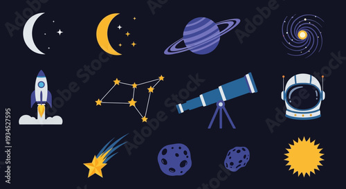 Flat design collection of astronomical objects and celestial bodies, depicting a rocket, moon, stars, planets, telescope, astronaut helmet, comet, and sun against a dark cosmic background.