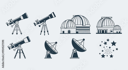 Collection of astronomical observation equipment icons telescopes, observatories, satellite dishes, and celestial stars, presented in a clean, minimalist vector art style on a light gray bac