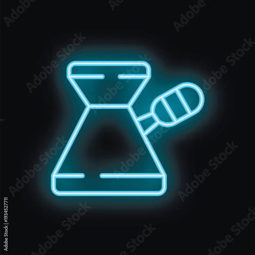 Glowing blue neon icon of traditional cezve coffee pot with long handle, isolated on black background