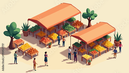 This charming illustration depicts a shopper at a vibrant open-air market. Ideal for lifestyle blogs, small business marketing, or cheerful website ba