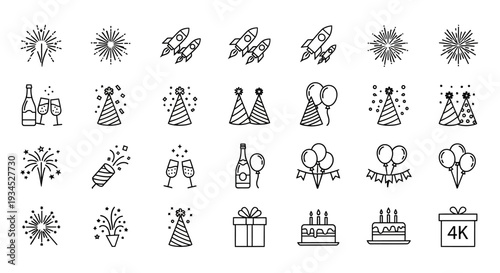 A comprehensive set of black and white celebratory vector icons, including fireworks, rockets, champagne, party hats, balloons, gifts, and cakes, presented on a clean background.