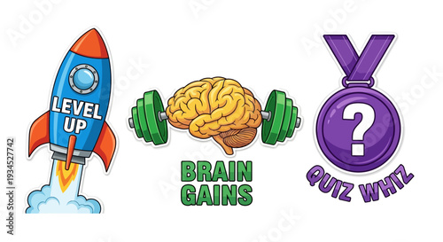 Dynamic trio of vibrant cartoon icons a 'Level Up' rocket launching with smoke, 'Brain Gains' barbell lifting a healthy brain, and a 'Quiz Wiz' medal with a question mark.