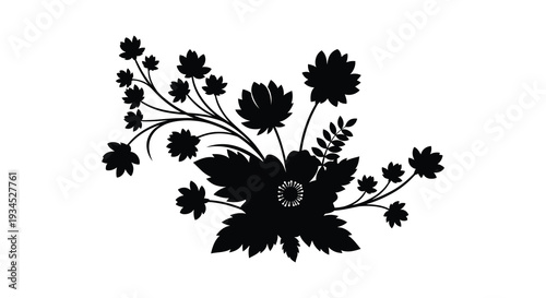 A striking arrangement of black floral elements and winding stems creates a bold dramatic composition silhouette high quality