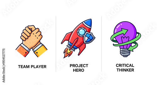 Three cartoon icons representing teamwork, project success, and innovative thinking, in a modern flat design style, perfect for business concepts and presentations.