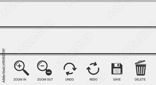 Minimalist black and white graphic icons for digital interface zoom in, zoom out, undo, redo, save, and delete for user experience design.