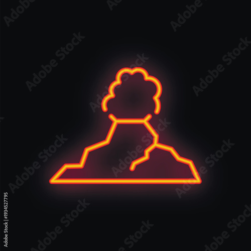 Minimalist vector illustration of a bright, glowing neon sign depicting a volcano erupting on a black background