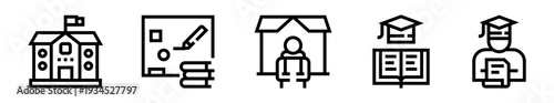 Conjunto de iconos de escuela. Educación académica, formación estudiantil, aprendizaje institucional, desarrollo educativo, logro académico. Ilustración vectorial lineal
