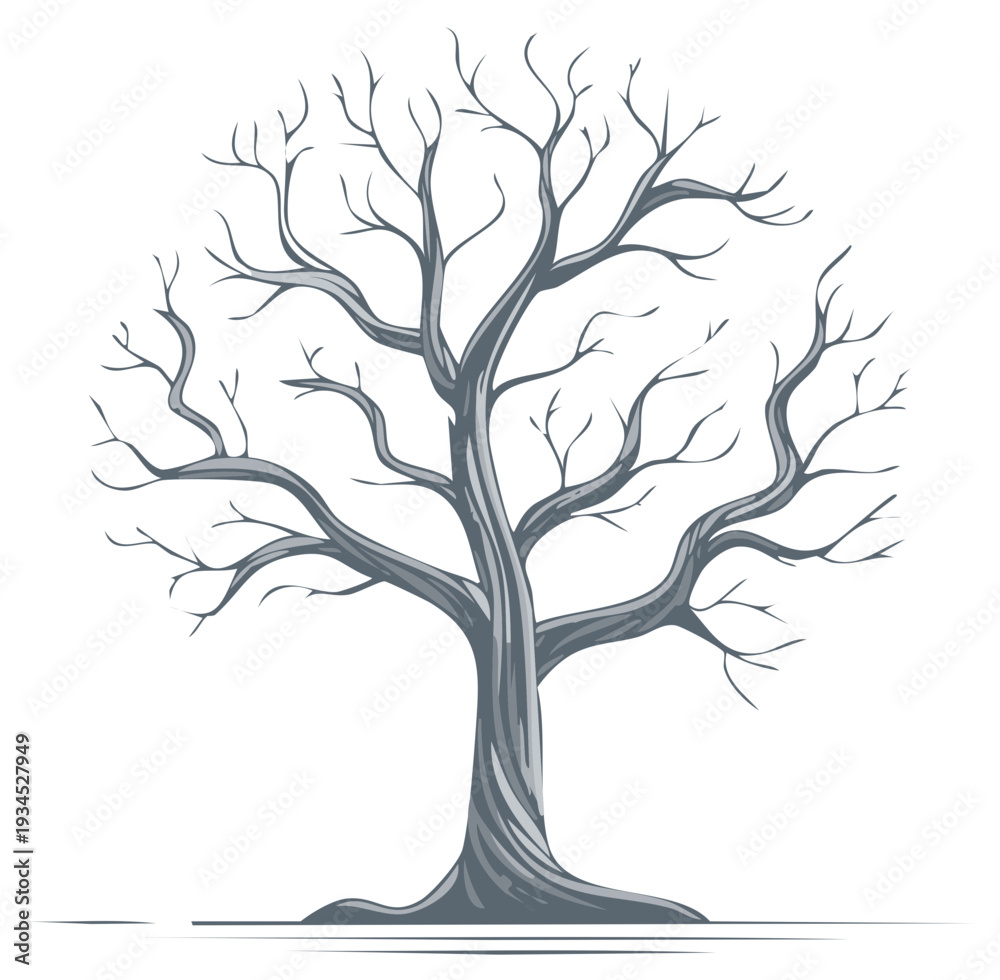 Obraz premium Ink Illustration of a Deciduous Tree with Bare Branches in Winter