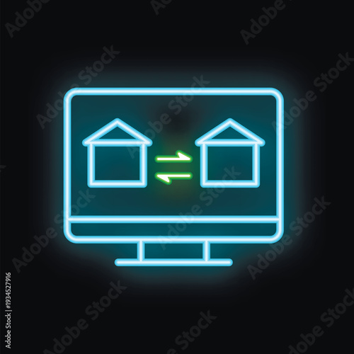 Neon icon of house exchange displayed on a computer screen, representing online real estate transactions