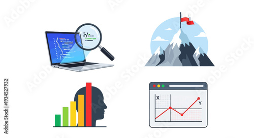 Four flat design icons symbolizing business growth, strategic planning, data analysis, and achieving goals with a laptop, magnifying glass, mountain summit, and bar chart.