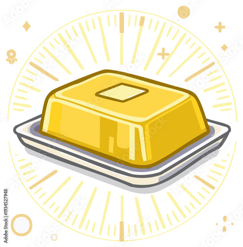 Illustration of Yellow Butter Pat on Dish with Circular Light Bursts