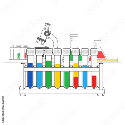 Laboratory equipment with colorful liquids in test tubes and microscope