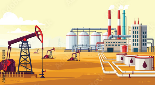 Industrial landscape with oil pumps and refinery illustration depicting petroleum extraction processing and storage for energy production