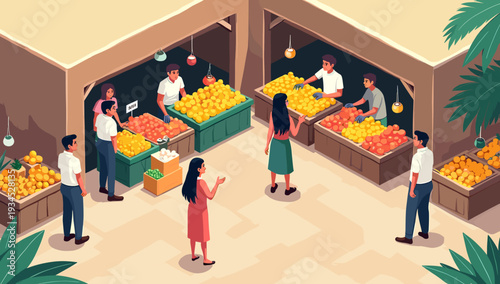 A vibrant illustration of a man browsing a colorful fruit stand. Ideal for depicting healthy eating, local markets, or a relaxed lifestyle, offering a