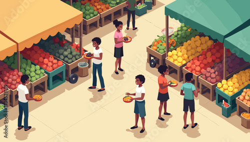 A vibrant illustration depicting a man at a market stall filled with colorful fruits and vegetables, evoking a sense of healthy living and local sourc