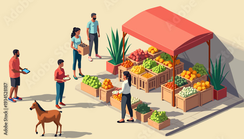 A cheerful illustration depicting a man showing content on a tablet to another person and a dog.  Ideal for concepts of information sharing, technolog