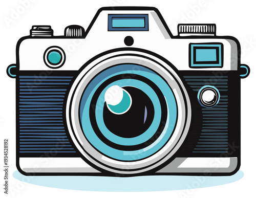 Retro style camera illustration with blue lens and vintage design
