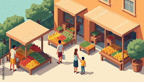 This cheerful illustration depicts a man selecting produce at an outdoor market stall. Perfect for content about local businesses, healthy eating, or 
