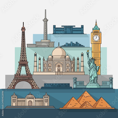 Famous Landmarks Collage: Eiffel Tower, Taj Mahal, Statue of Liberty, Big Ben, Pyramids