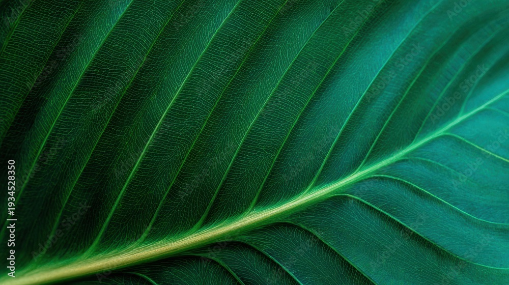 Obraz premium Macro Tropical Green Leaf with Intricate Vein Textures Providing a Luxury Lifestyle Backdrop for High-End Fashion and Beauty Products Branding with Copy Space