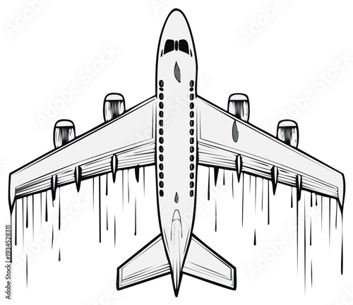 Illustration of a stylized passenger airplane viewed from above, graphic style.