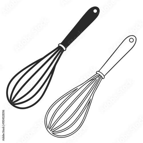 Two whisks, one in solid black and one in outline form, illustrating kitchen utensil design and variations