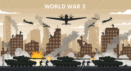 World war 3 concept illustration showcasing a city under attack with tanks planes and soldiers engaged in intense combat