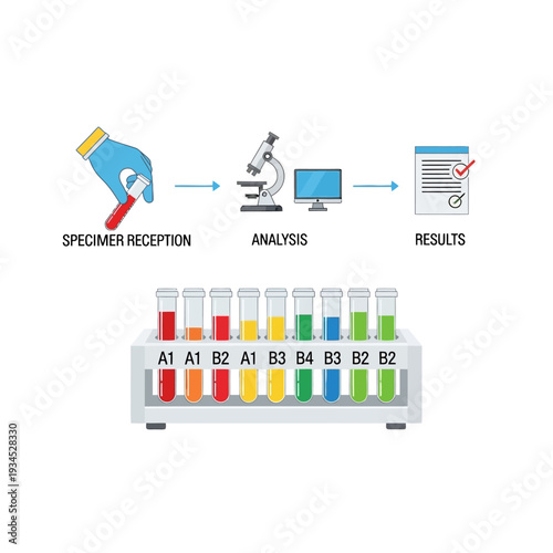 Laboratory testing process: specimen reception, analysis with microscope and computer, and results