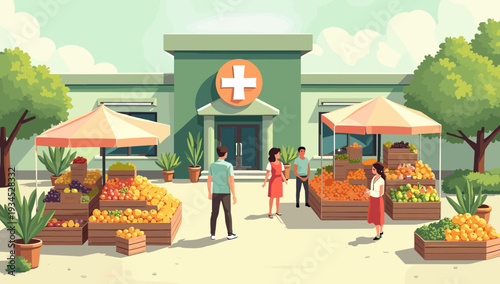 A charming illustration of a market stall brimming with fresh produce. This scene evokes a sense of abundance and healthy living, perfect for illustra