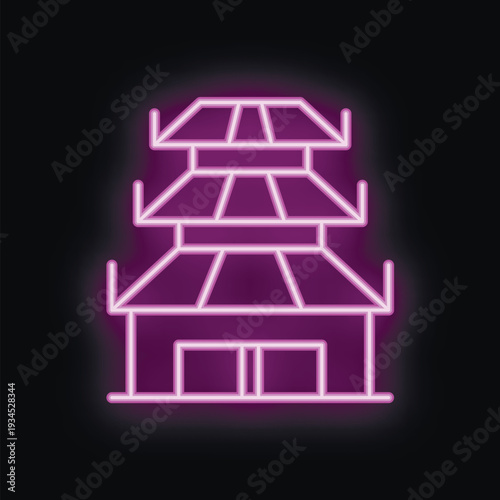 Neon sign depicting a traditional asian pagoda building, glowing with vibrant purple lights against a dark background