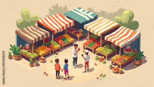A charming illustration of a market stall, brimming with fresh produce. Ideal for themes of local business, healthy eating, or community markets, evok