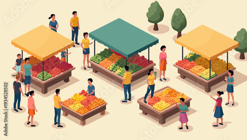 A vibrant illustration depicting people at a bustling outdoor market, ideal for depicting community, local shopping, or healthy eating concepts. The c