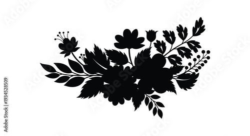 A delicate arrangement of floral shapes and leafy branches creates a striking black silhouette high quality professional detailed