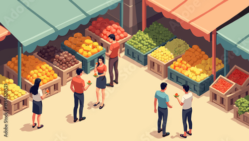 A serene illustration depicts a woman browsing a vibrant farmers market. Ideal for content related to healthy eating, local sourcing, or lifestyle cho