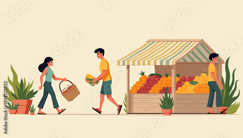 A modern illustration depicting a woman casually walking beside a large potted plant. Use for articles about wellness, interior design, or a healthy l
