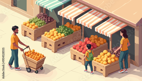 A vibrant illustration depicting a worker transporting oranges with a hand truck. Perfect for illustrating concepts of logistics, harvesting, or fresh