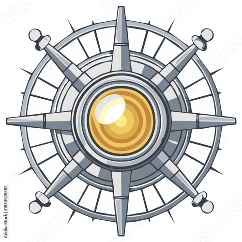 Detailed Illustrated Antique Compass Rose Navigation Tool with Metal and Glass Design Elements