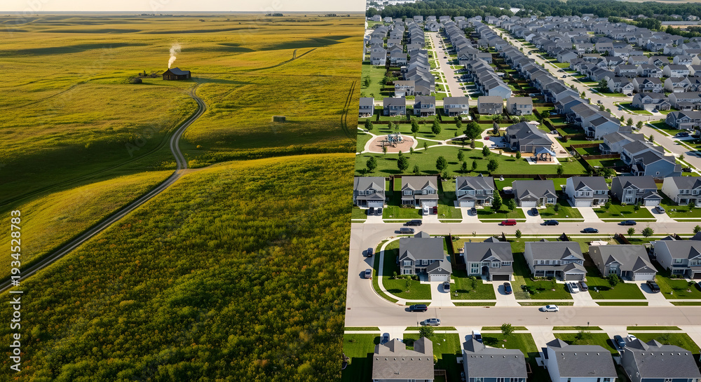 Fototapeta premium Juxtaposition of rural prairie landscape and suburban housing development