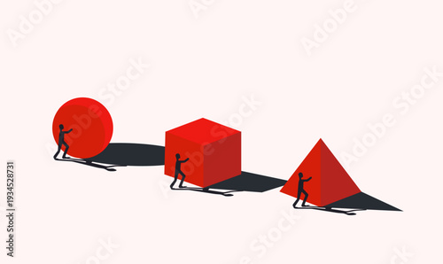Race participants pushing different shapes to same direction, concept illustration of unfair different game strategy