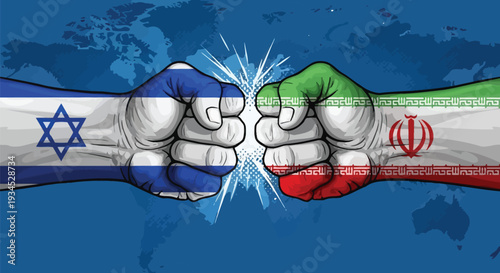 Clashing fists representing the political conflict and tension between israel and iran countries on a global map background