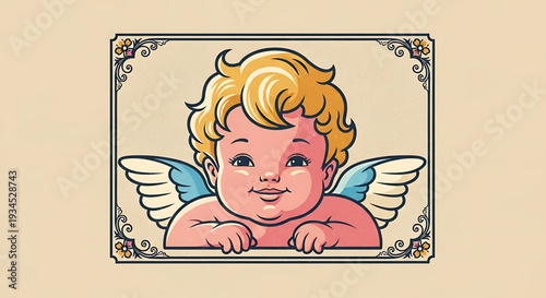A cute cartoon cherub with blonde hair and blue wings peeking out from behind a decorative border