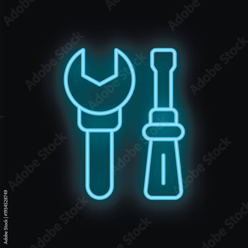 Blue neon icon of a wrench and screwdriver glowing on a dark background