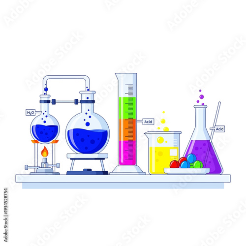 Chemistry Lab Equipment: Distillation, Beakers, Flasks, and Colorful Liquids