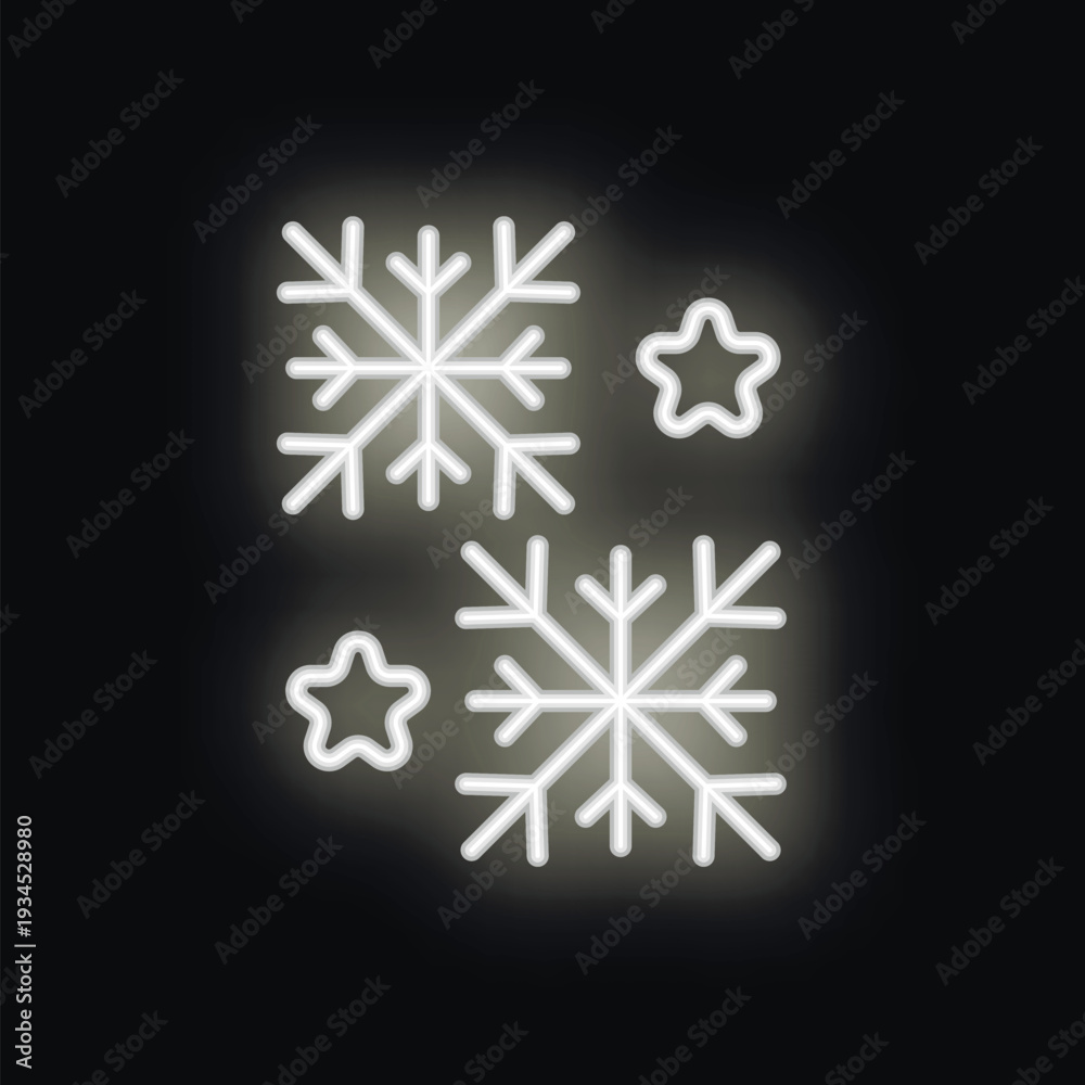 Fototapeta premium White neon sign showing two snowflakes and two stars is glowing on black background