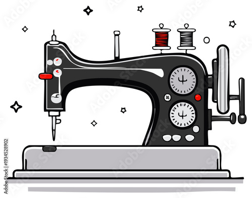 Retro sewing machine with spools of thread and decorative stars