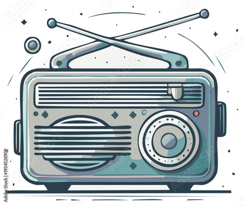 Retro portable radio with extendable antenna broadcasting audio signals with a vintage aesthetic